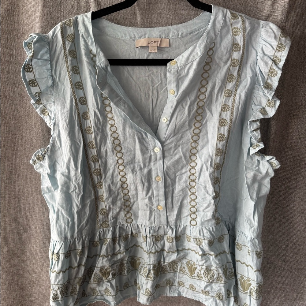 LOFT Women's Light Blue and Green Embroidered Ruffle Top
